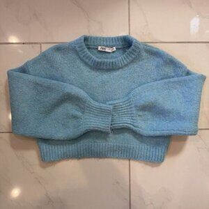 Zara Women's Cropped Sweater Top Size S Blue Oversized‎ Balloon Sleeve Winter